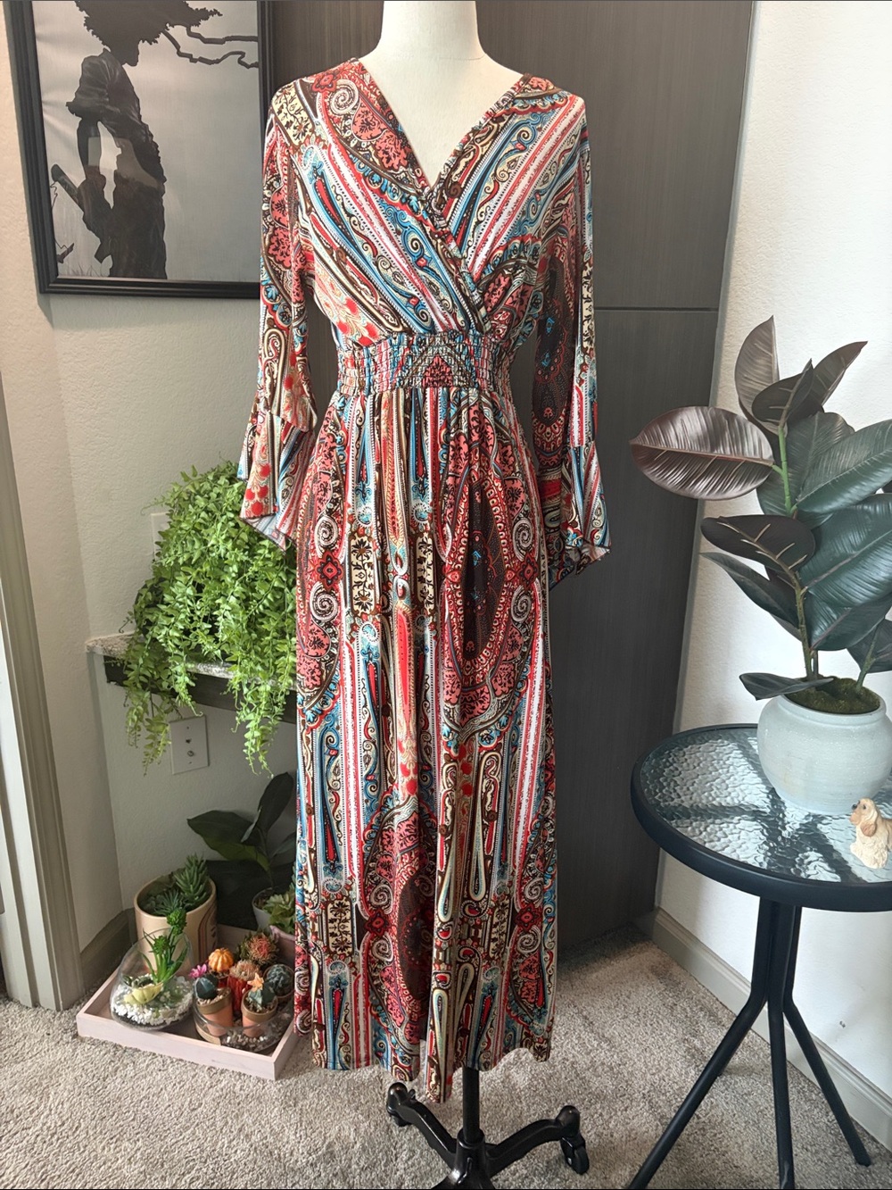 Paisley Wrap Maxi Dress in Red and Blue